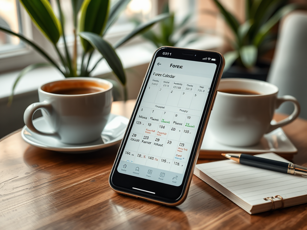 На столе смартфон с календарем Forex рядом с двумя чашками кофе и блокнотом с ручкой.